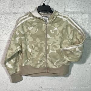 ADIDAS Essentials 3-Stripes Girls Zip-Up Hoodie tan camo Small